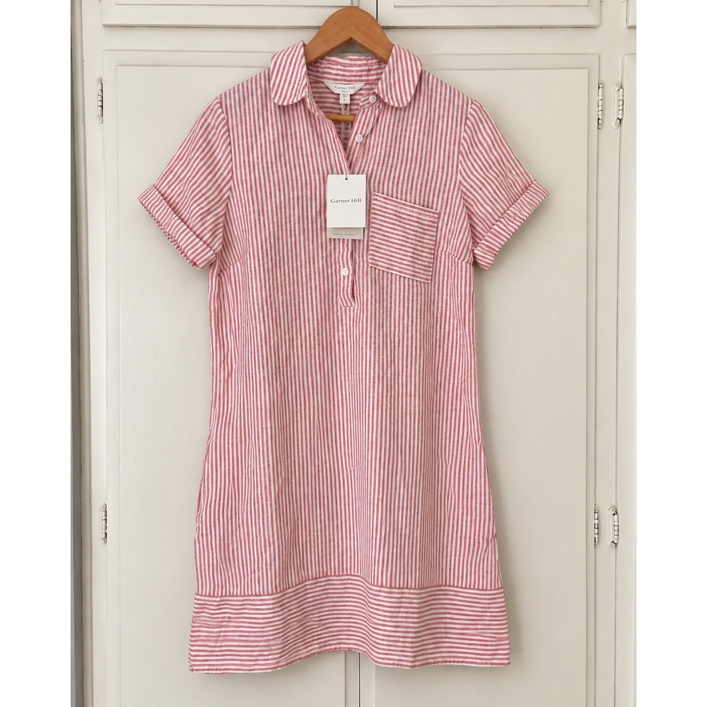 Garnet Hill Linen Shirt Dress Red White Striped Pocket Short Sleeve Small NWT